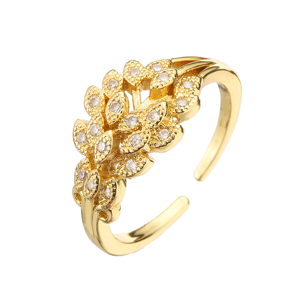 Minimalist Leaf-Shaped Ring for Women Made of Brass with 18K Gold Plating and Micro-Paved Zirconia