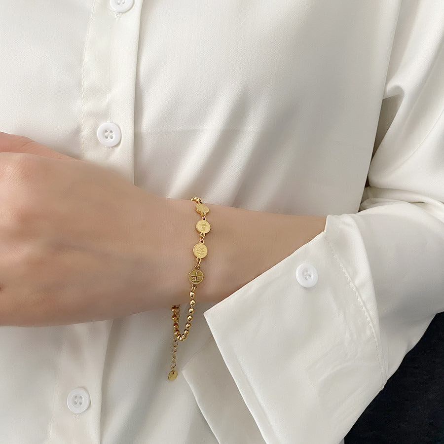 Minimalist Geometric Titanium Steel Bracelet for Women with Plating Finish, Lucky Charm Design Inspired by Chinese Aesthetic