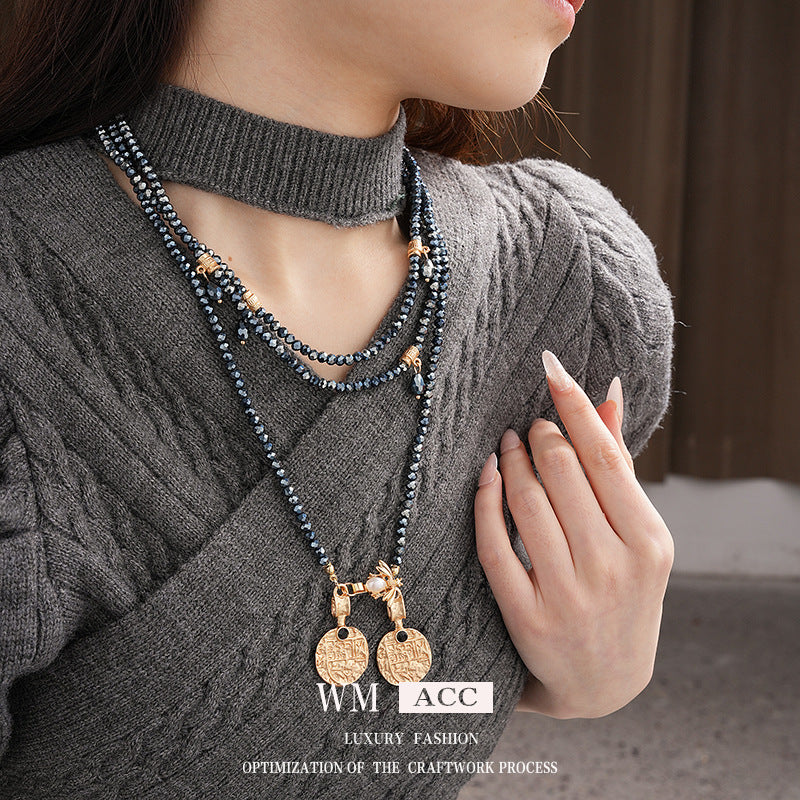 Collar con Colgante Geométrico de Estilo Vintage en Aleación con Detalles Hechos a Mano para Mujer, Cadena Larga para Suéter
