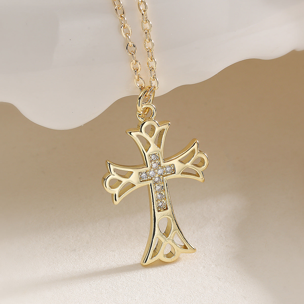 Minimalist 18K Gold Plated Brass Cross Pendant Necklace with Cubic Zirconia for Women