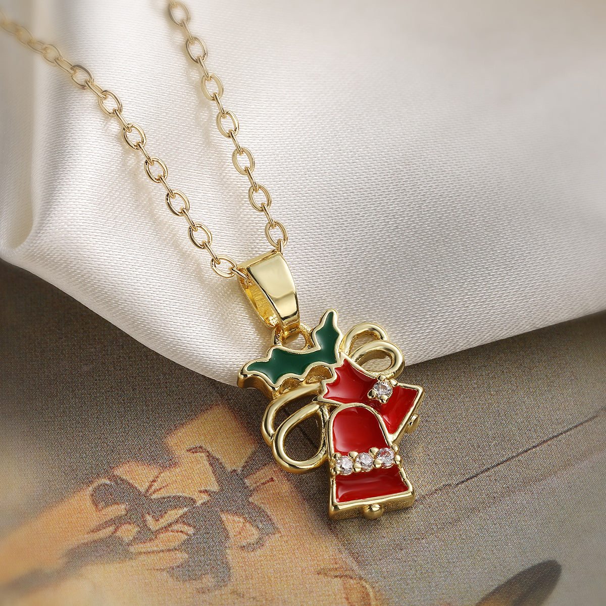 Christmas Geometric Drip Oil Gold Plated Brass Bell Pendant Necklace for Women