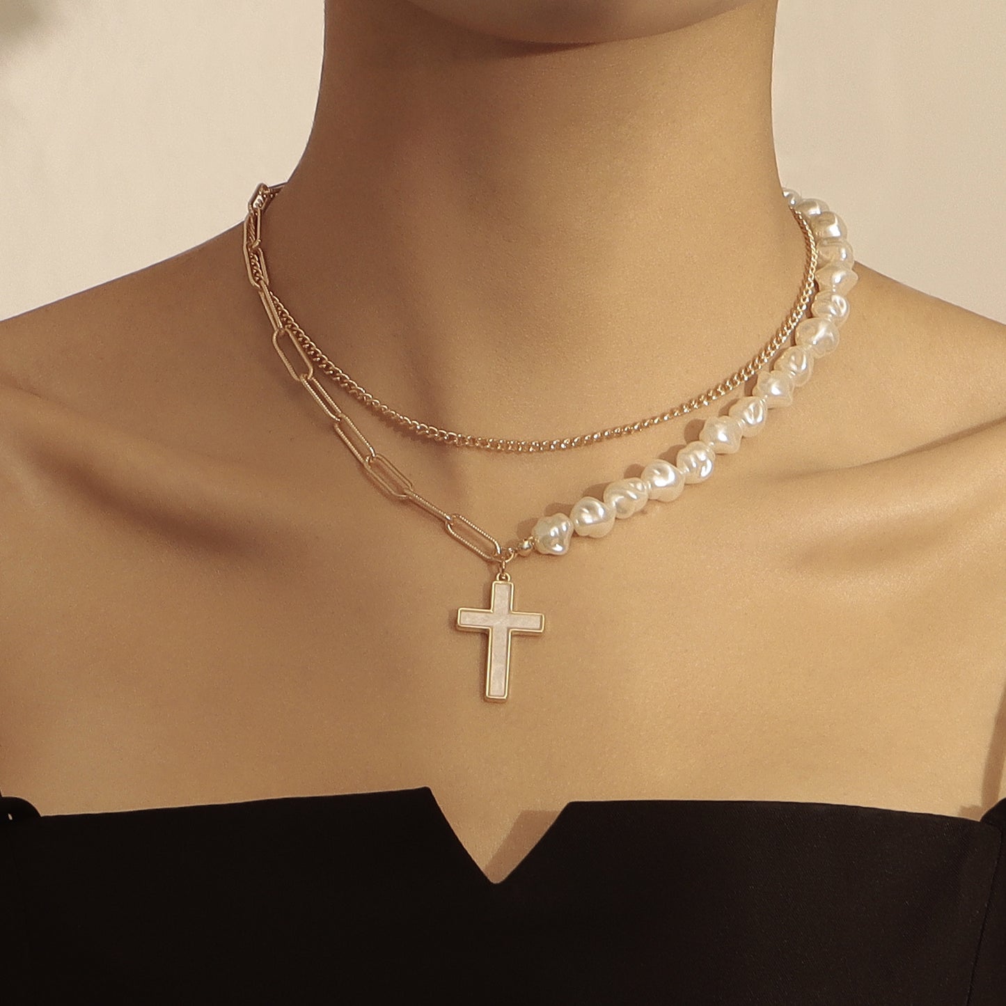 Fashionable Two-Tier Layered Cross Pendant Necklace for Women in Alloy with Electroplated Finish and White Mother-of-Pearl Inlay