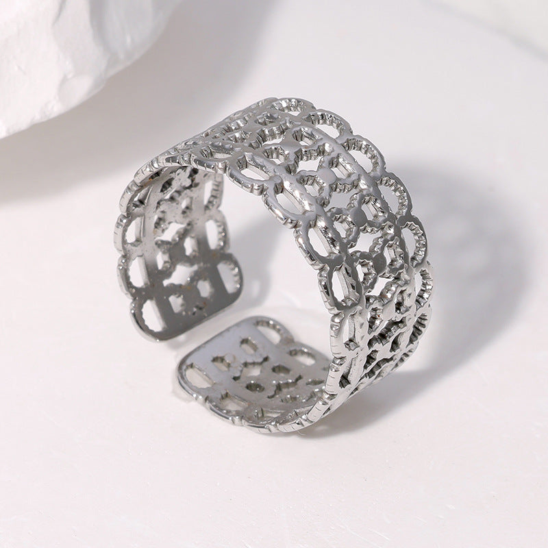 Vintage Geometric Hollow-Out Titanium Steel Ring for Women with Gold Plating and Adjustable Open Band