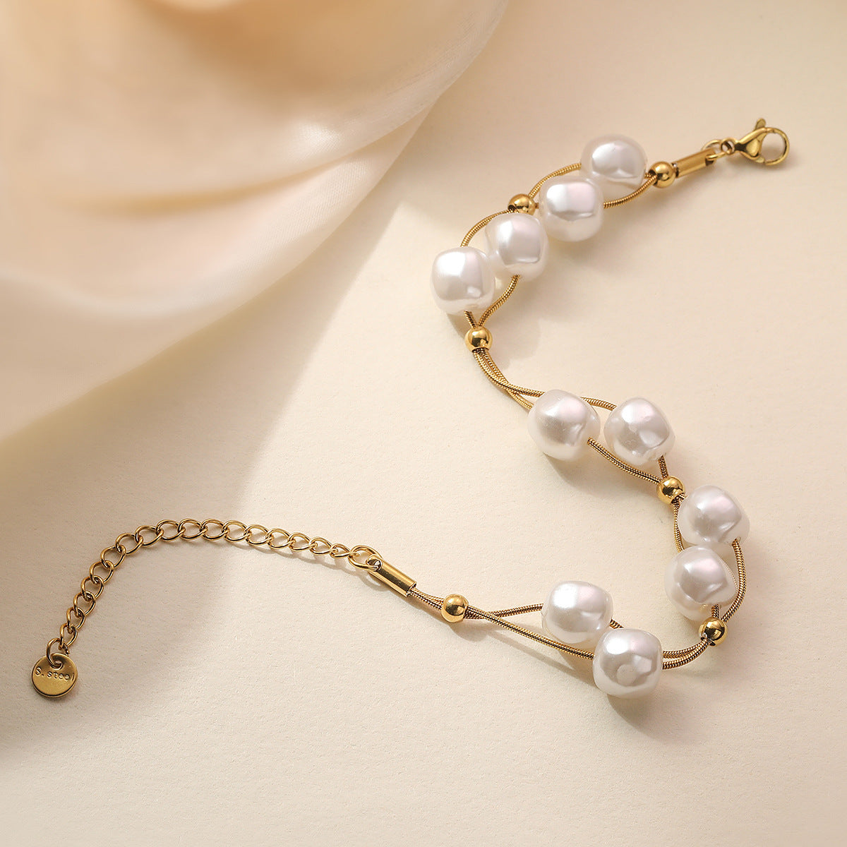 Bracciale da donna a doppio strato in acciaio inossidabile con perle irregolari geometriche minimaliste e finitura placcata
