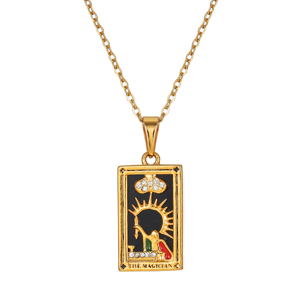 Vintage Casual Rectangle Drip Oil Cubic Zirconia Stainless Steel Necklace with Geometric Tarot Pendant Cable Chain Unisex