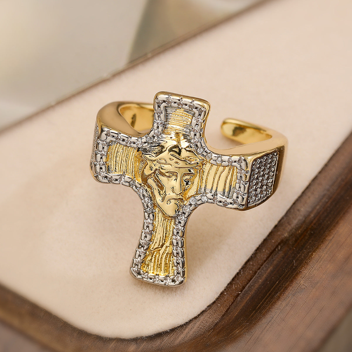 Minimalist Geometric Cross-Shape Copper Ring with Micro-Pave Zirconia for Women