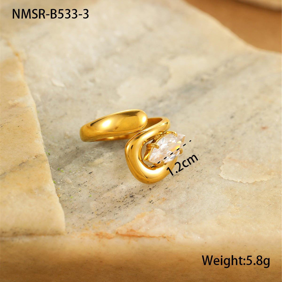 Anello da Donna Minimalista Geometrico in Acciaio al Titanio Placcato Oro 18K con Intarsio di Zirconi
