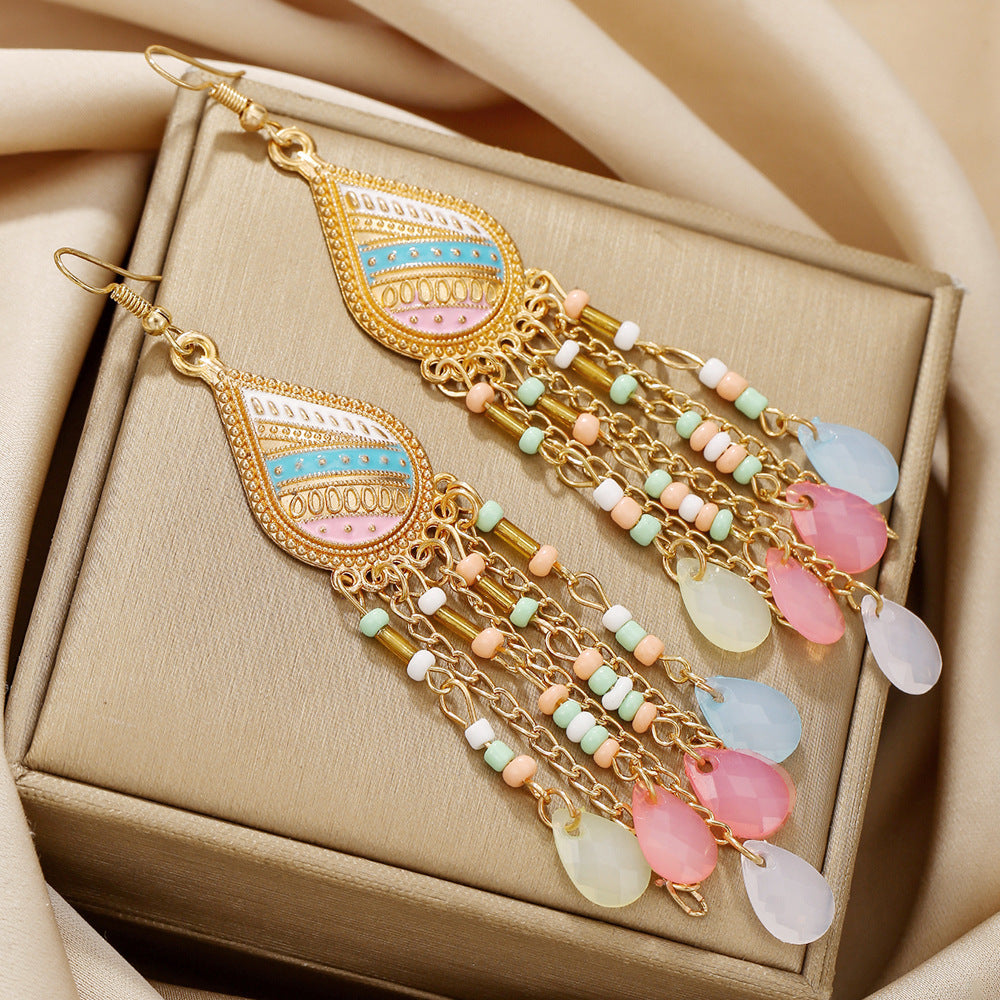 Bohemian Ethnic Teardrop Geometric Seed Bead Tassel Alloy Plated Earrings for Unisex