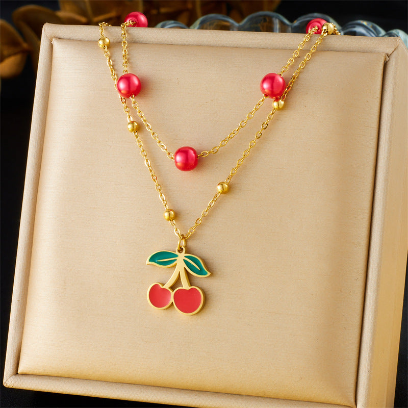 Vintage Double Layer Stainless Steel Necklace with Rhinestone and Drip Oil Cherry Heart Star Charms