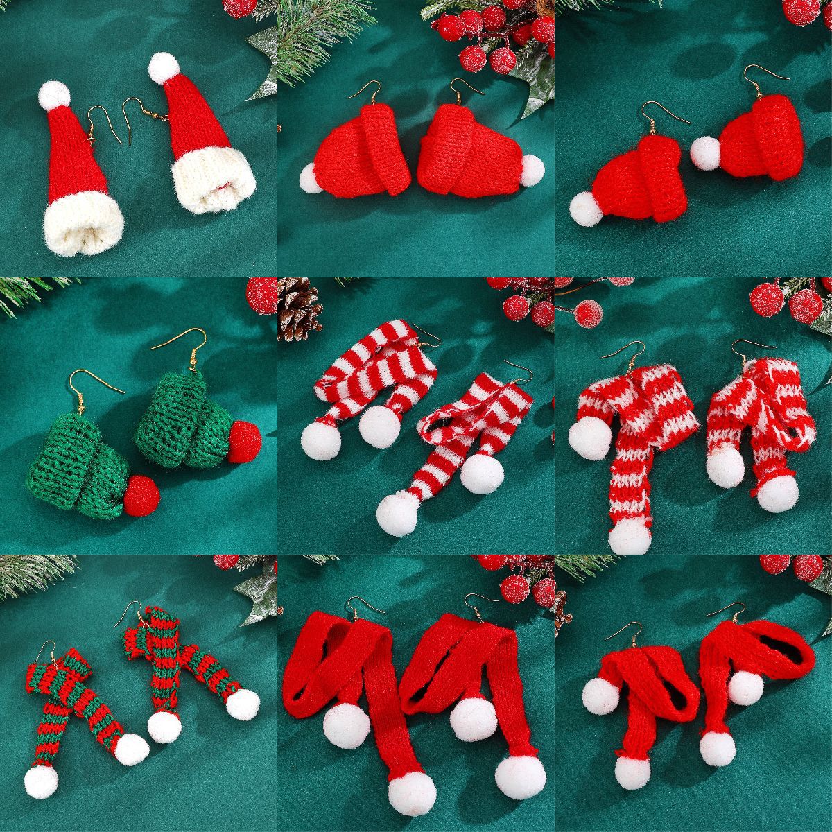 Pendientes de tela con forma geométrica, puños para las orejas de Papá Noel tejidos a mano para mujeres con detalles festivos de cascabeles