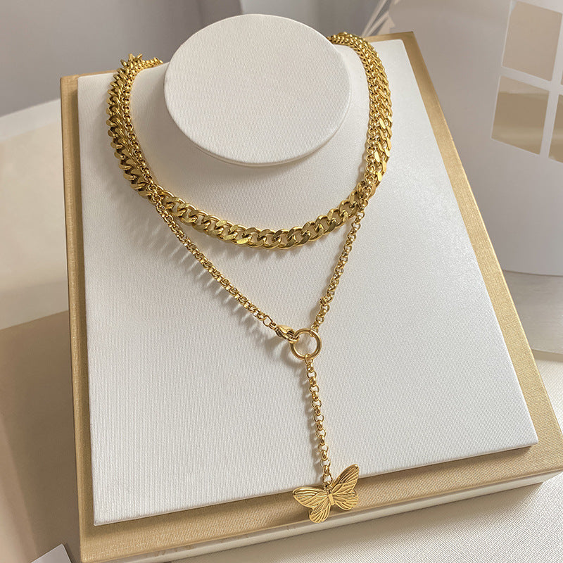 Unique Gold Plated Titanium Steel Butterfly Double Layer Necklace