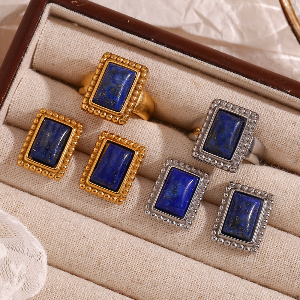 Vintage Geometric Stainless Steel Plated 18K Gold Lapis Lazuli Ring for Women