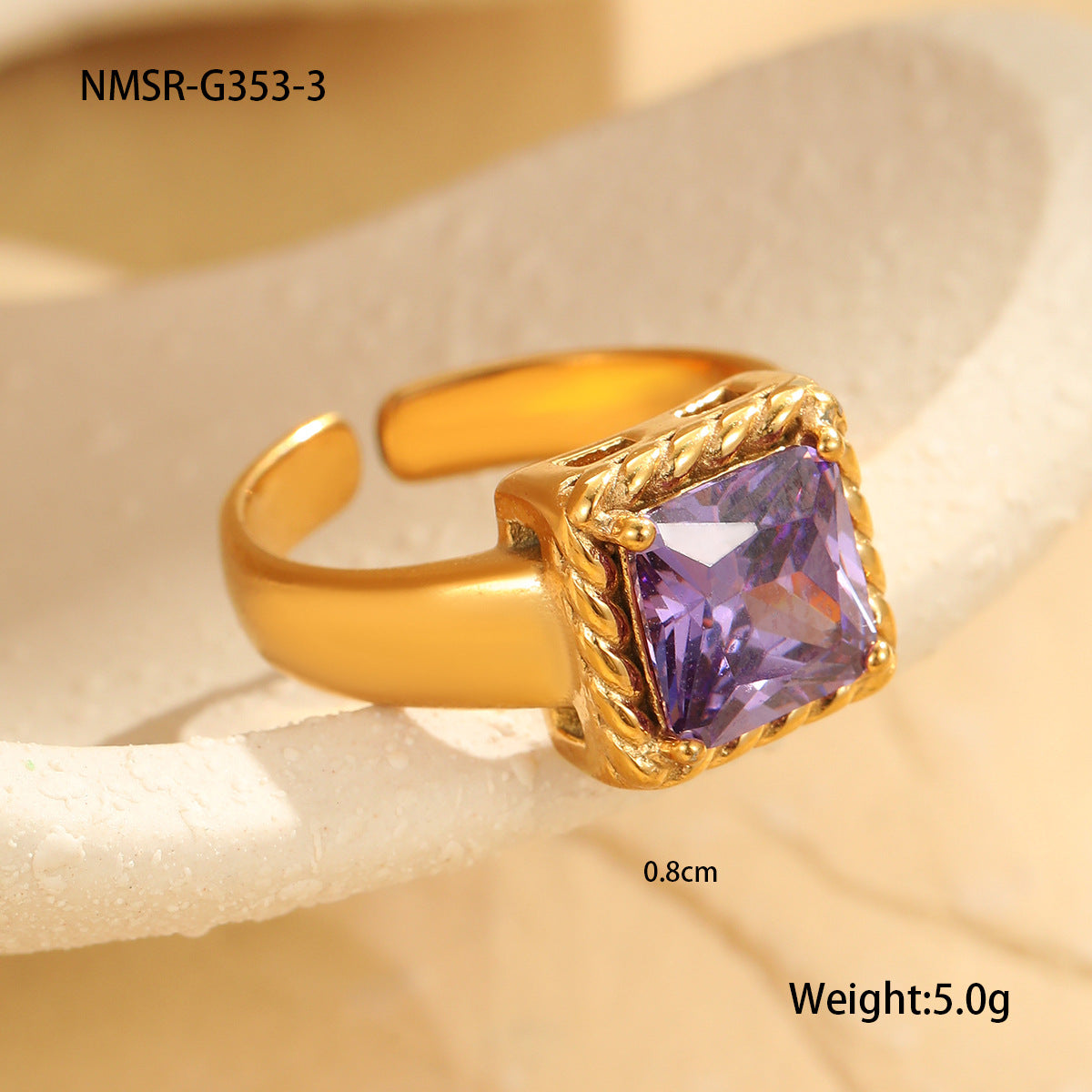 Anillo Abierto Minimalista Geométrico Cuadrado de Circonita de Acero Inoxidable con Baño de Oro de 18K para Mujer