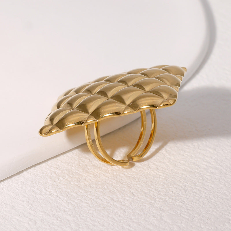 Light Luxury Geometric Open Ring 18K Gold Plated Stainless Steel Rhombus Pattern Jewelry for Women