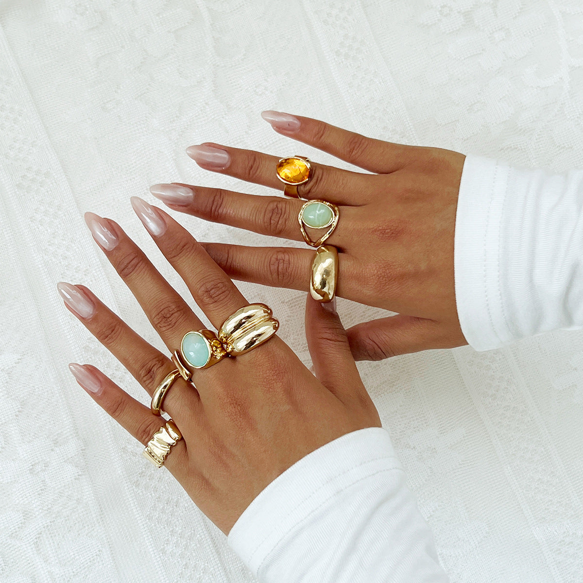 Minimalist Luxury Geometric Alloy Plated Acrylic Inlay Open Ring Set for Women