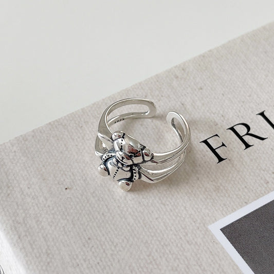 Minimalist Bear-Shaped 925 Sterling Silver Ring for Women with Inlay Craftsmanship