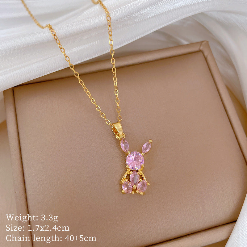 Pink Rabbit Pendant Necklace for Women Stainless Steel Chain with Full Rhinestone Accents Geometric Design Elegant Minimalist Locket Style