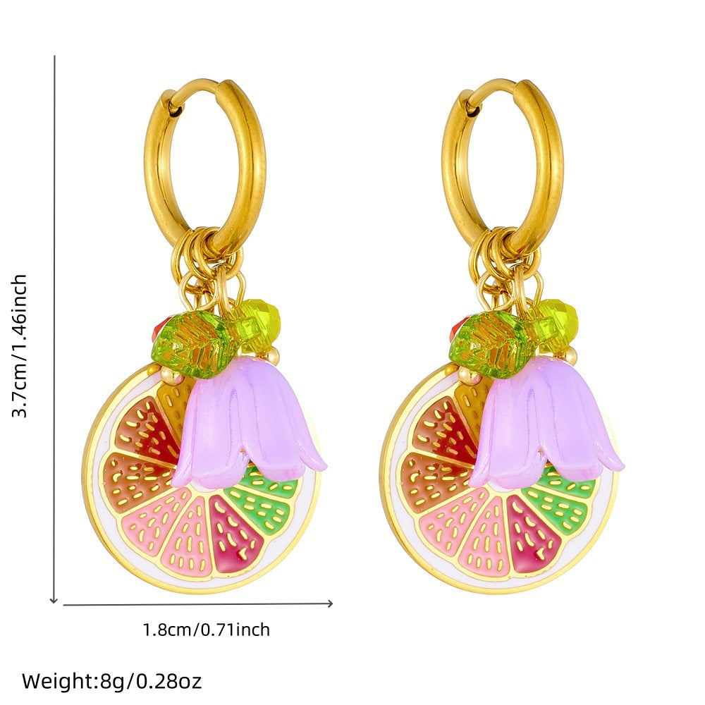 Sweet Cartoon Round Plated Stainless Steel Earrings with Lemon and Flower Pattern