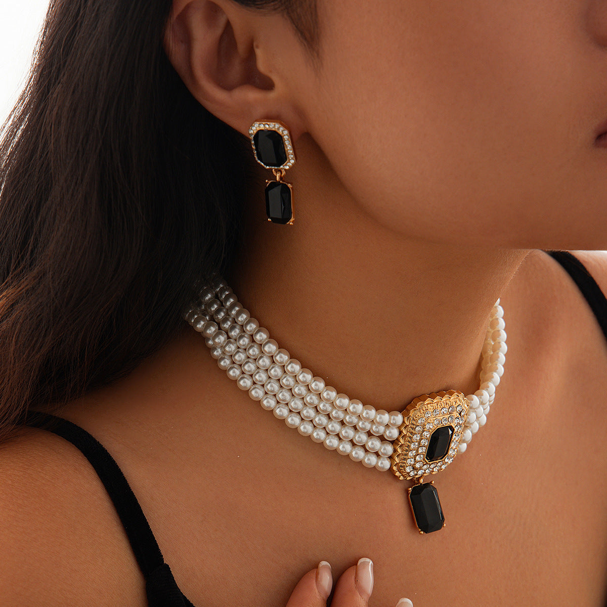 Luxury Multi-Layer Geometric Imitation Pearl Necklace and Earring Set with Triangle and Heart Charms for Women