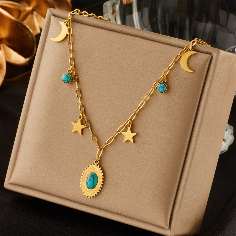 Minimalist Retro Star and Moon Pendant Necklace in Titanium Steel with Electroplated Finish and Turquoise Inlay