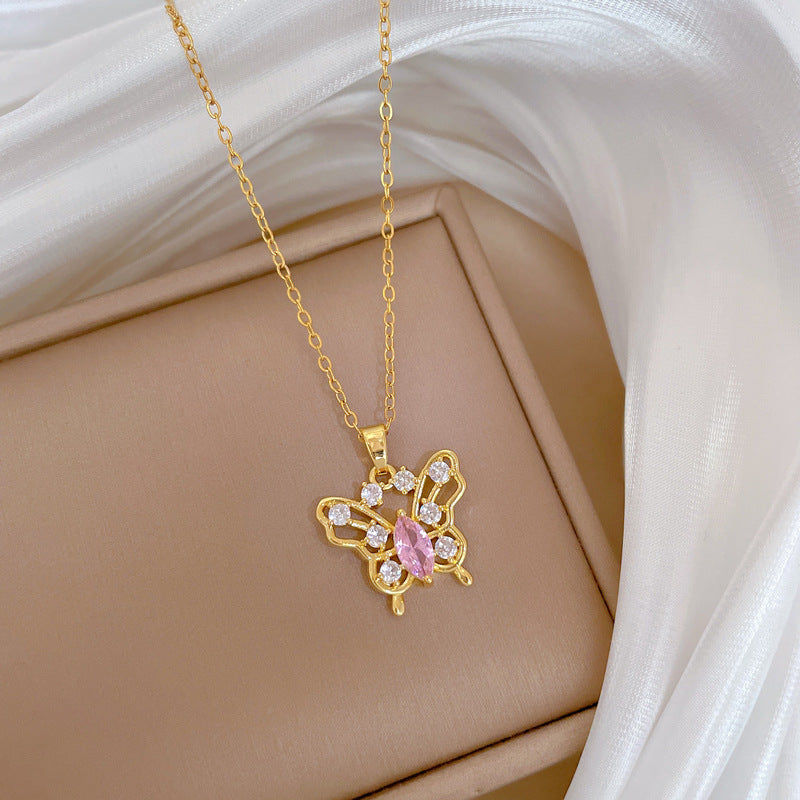 Minimalist Butterfly Pendant Necklace in Titanium Steel with Rhinestone Inlay for Women and Men, Delicate Hollow-Out Design with Adjustable Chain