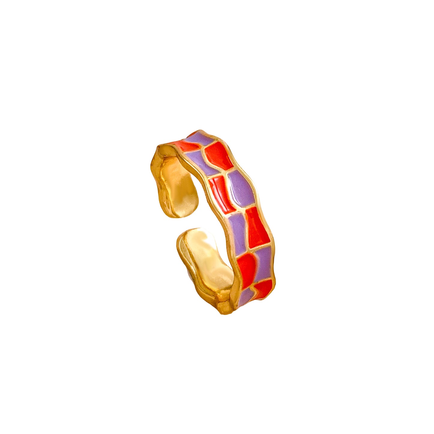 Sweet Checkered Enamel Gold Plated Brass Geometric Open Ring for Women