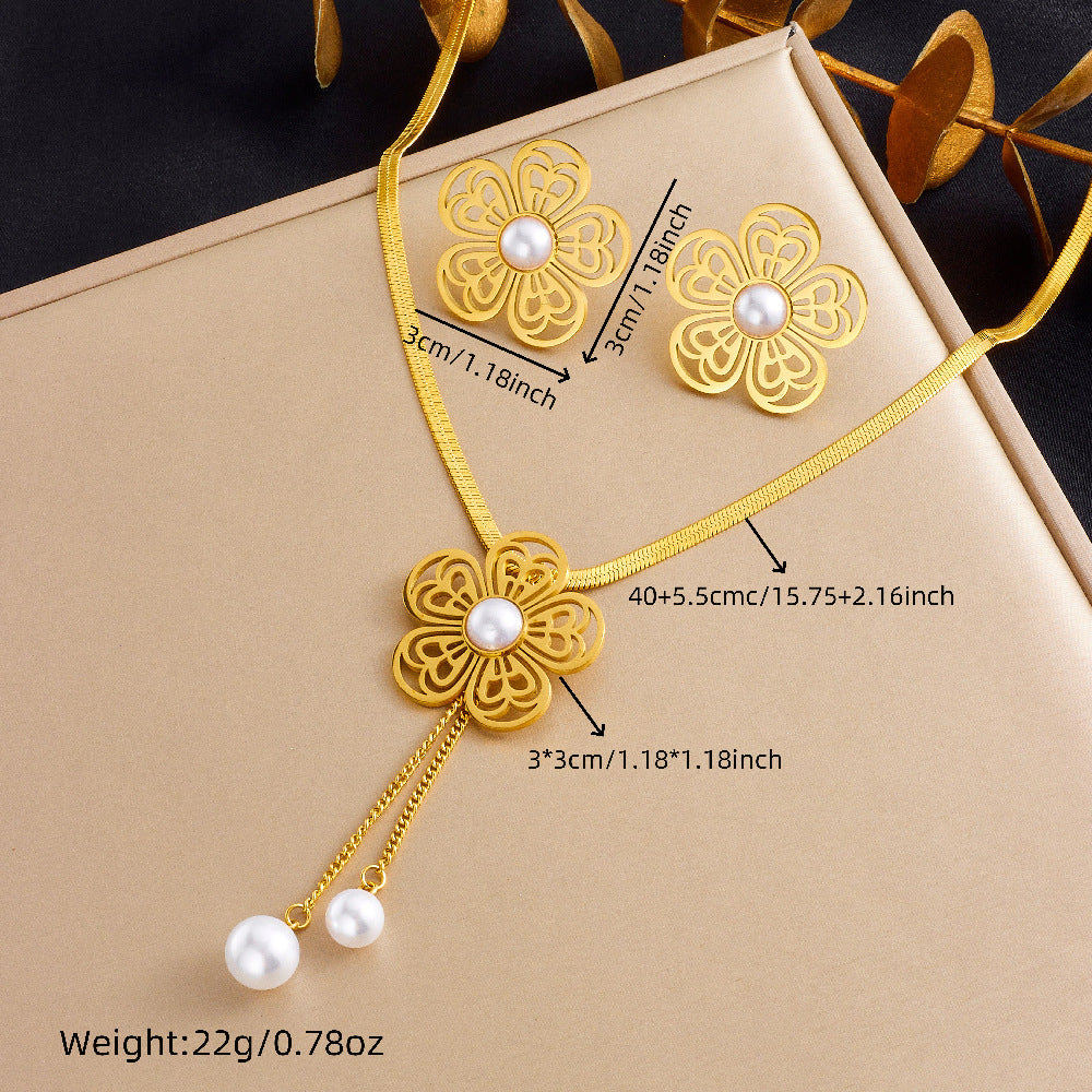 Elegant Business Hollow Floral Pearl Tassel Stainless Steel Necklace and Earring Set with Snake Chain