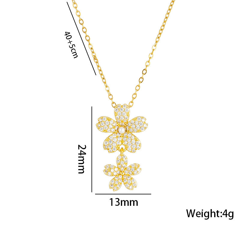 Luxury Minimalist Three-Petal Floral Pendant Necklace for Women in Titanium Steel with Rhinestone Inlay and O-Chain