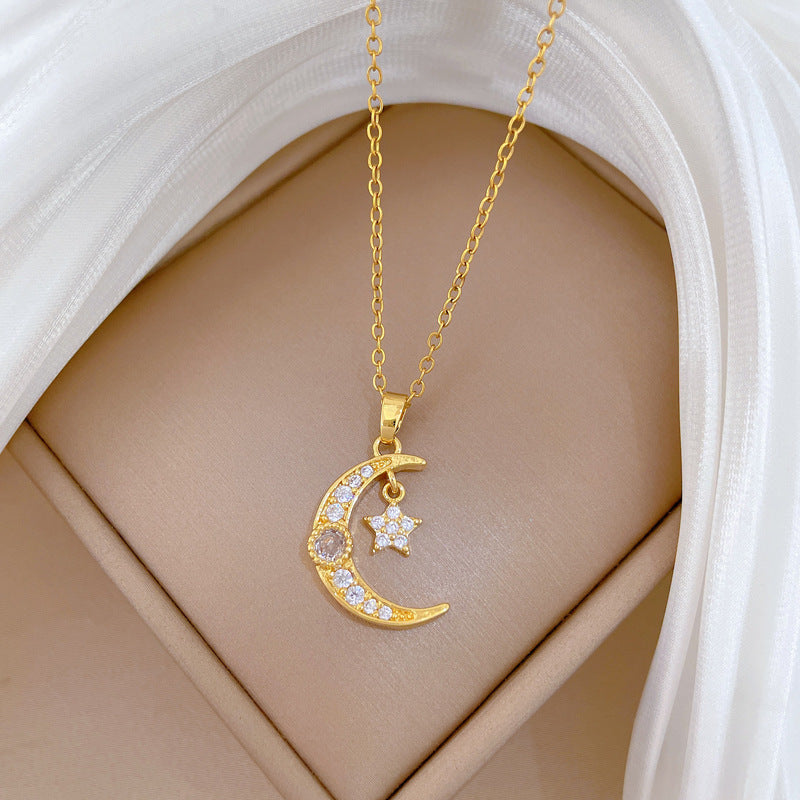 Sweet Star Moon Geometric Cubic Zirconia Titanium Steel Necklace for Unisex
