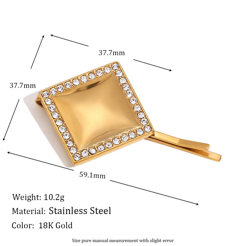 Minimalist Geometric Square Hair Clip in Stainless Steel with 18K Gold Plating and Rhinestone Accents