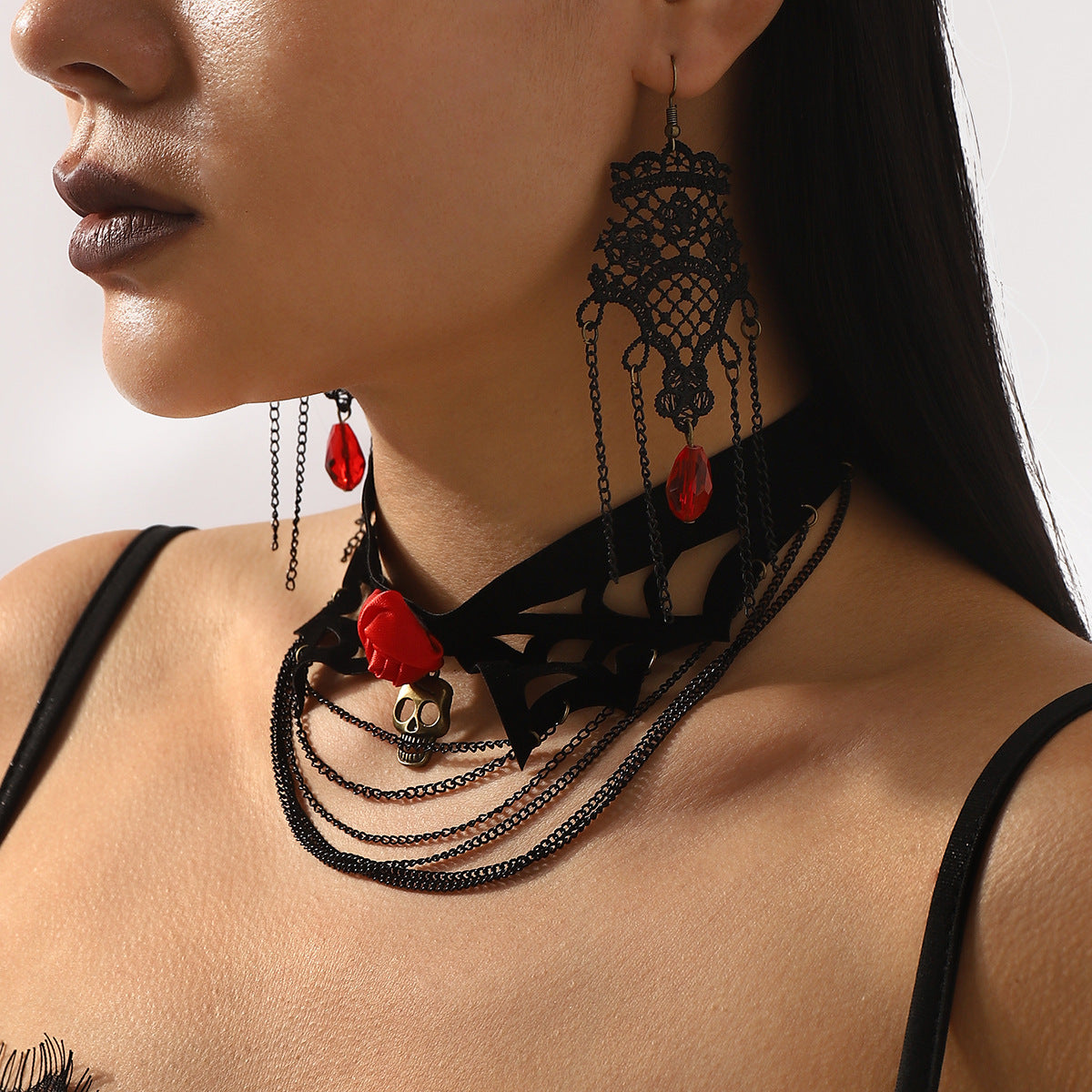 Gothic Halloween Black Multi-Layer Rose Necklace and Earrings Set for Women with Electroplated Iron Pendant and Velvet Accents