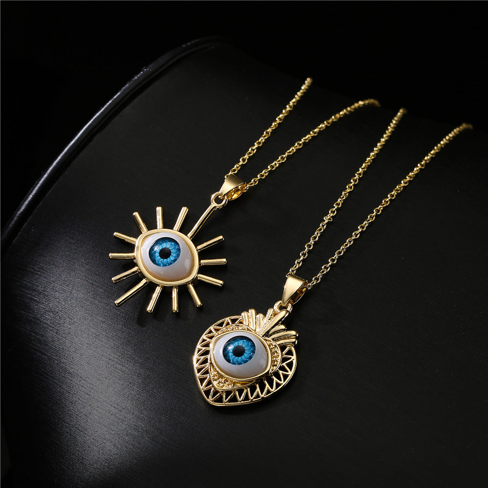 18K Gold Plated Brass Geometric Evil Eye Pendant Necklace with Cubic Zirconia Inlay on Cable Chain