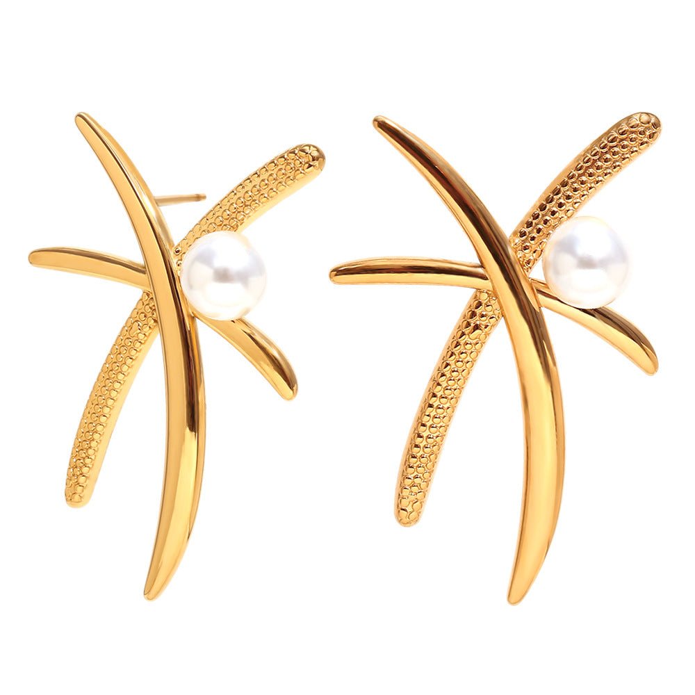 Fashionable Coconut Tree Shaped Pearl Stud Earrings in Stainless Steel with 18K Gold Plating for Women
