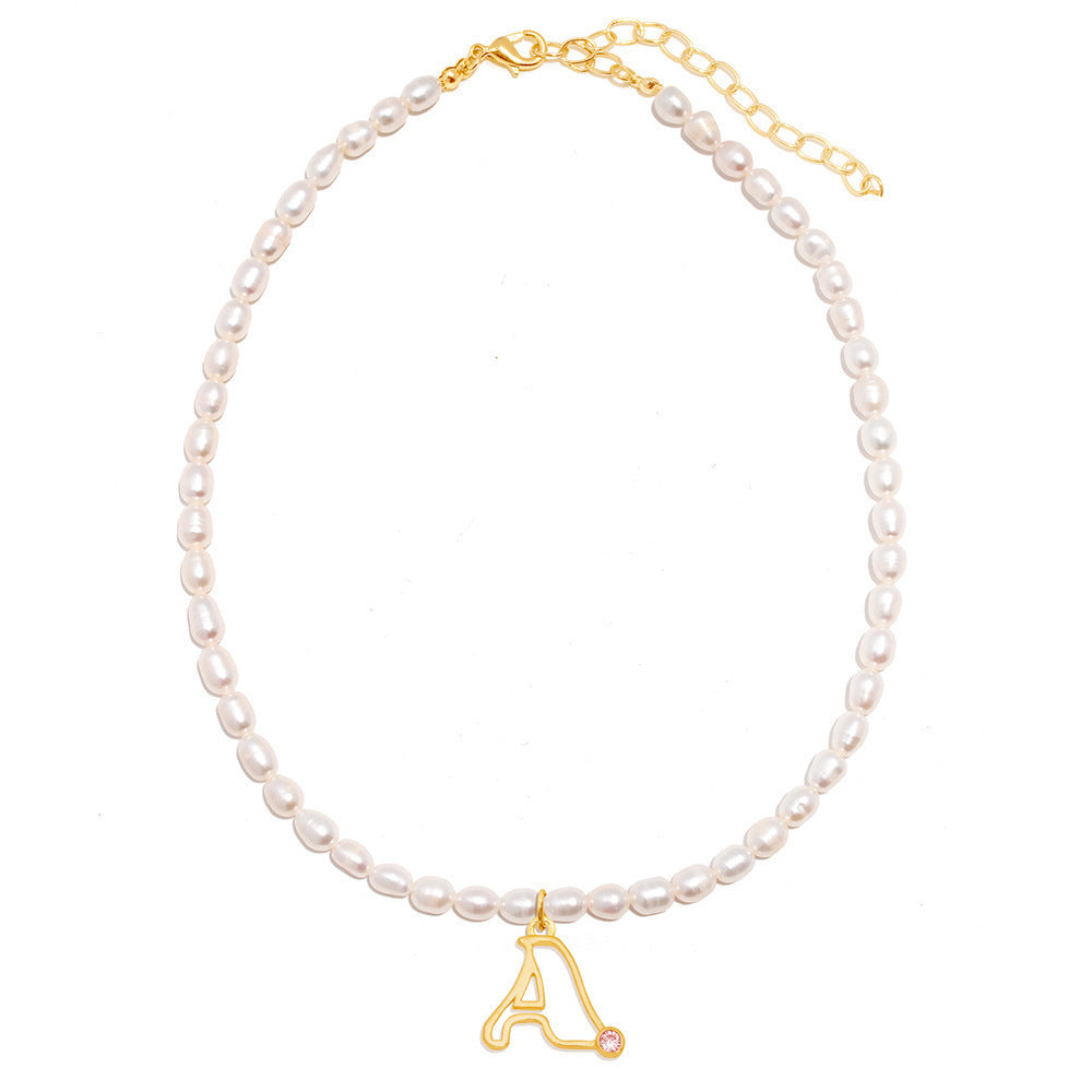 Sweet Stainless Steel Letter Pendant Necklace with Pearl and Cubic Zirconia