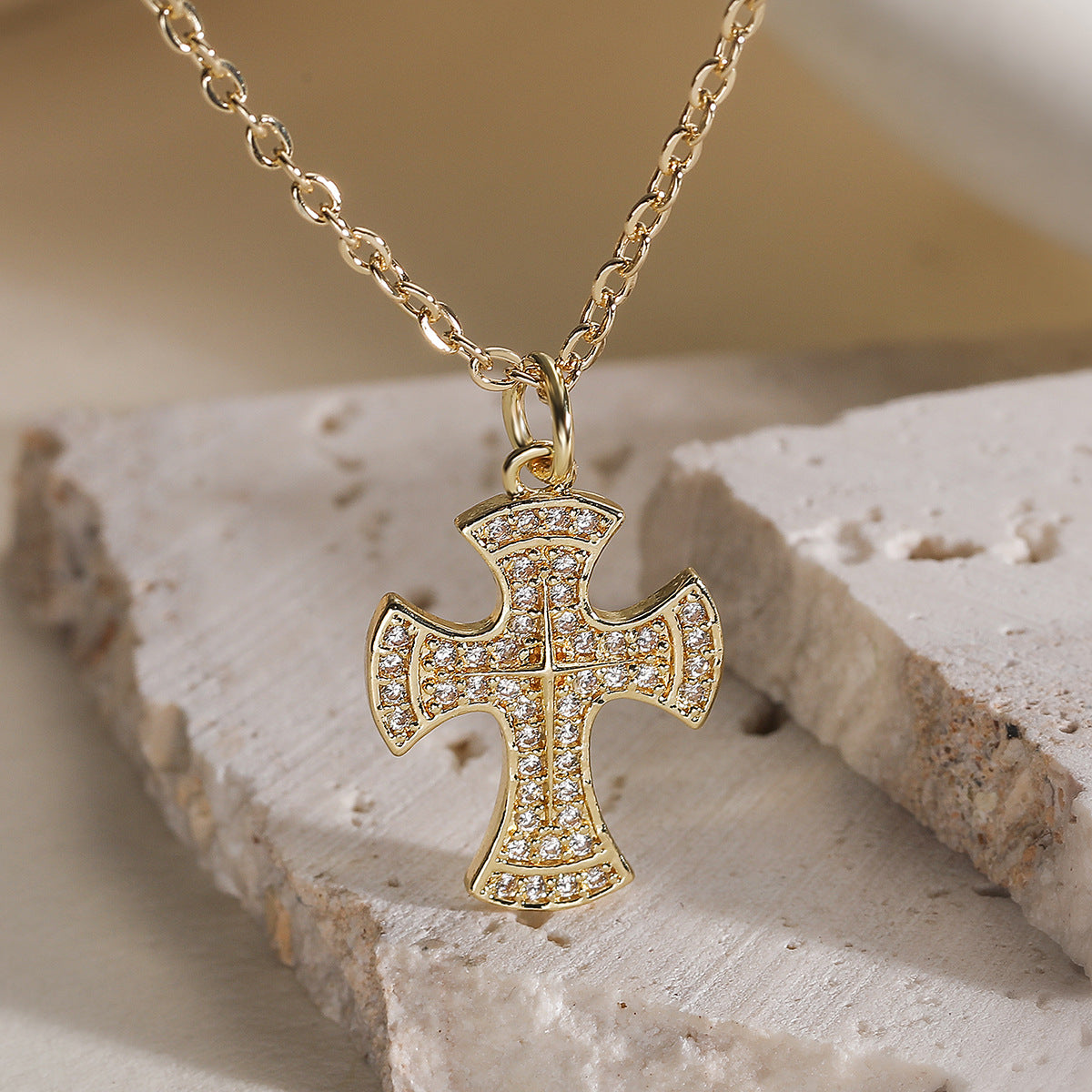 Minimalist 18K Gold Plated Brass Cross Pendant with Cubic Zirconia for Women