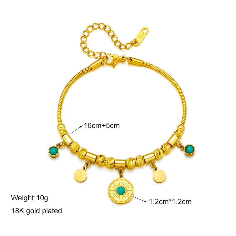Pulsera geométrica de lujo minimalista vintage de acero de titanio con colgante redondo de turquesa para mujer, diseño inspirado hecho a mano para uso elegante en la oficina