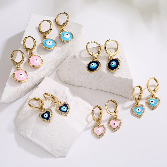 Pendientes informales de mujer con forma de ojo geométrico, de cobre con chapado en oro auténtico e incrustaciones de esmalte de circonita