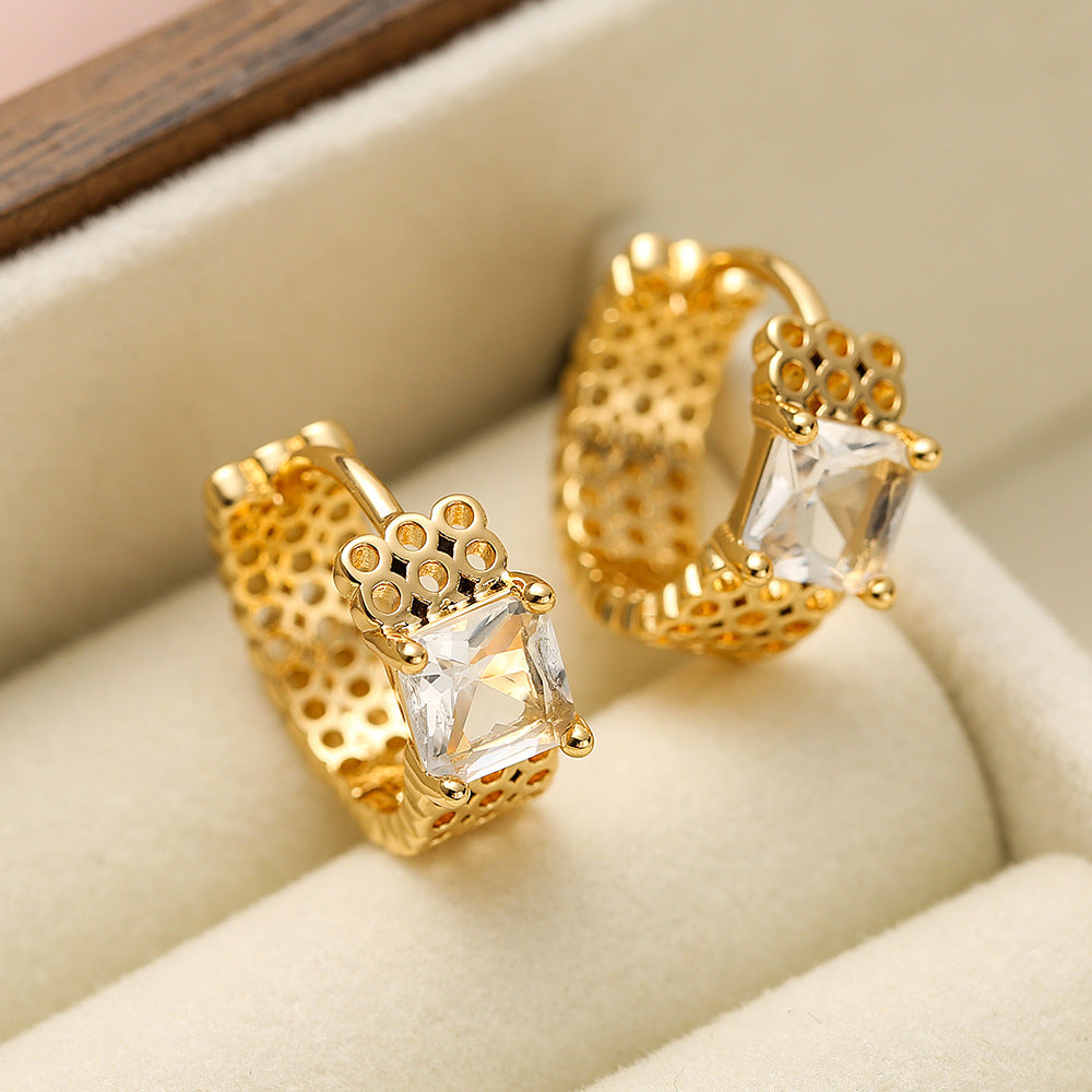 Geometric Hoop Earrings for Women in Copper with Real Gold Plating and Zircon Inlay, Minimalist Retro Luxury Design