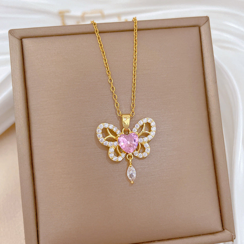 Sweet Elegant Butterfly Hollow Tassel Rhinestone Pendant Necklace Titanium Steel Cable Chain for Women