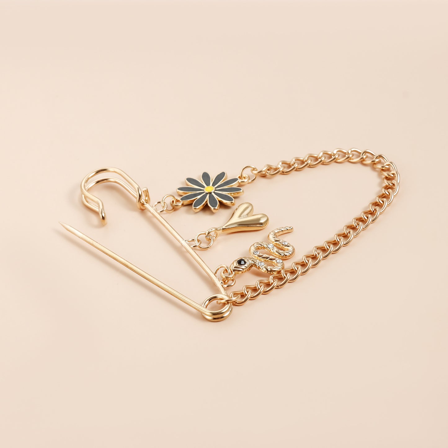 Broche de aleación en forma de corazón con diseño floral vintage y motivo de serpiente para mujer, accesorio de moda electrochapado