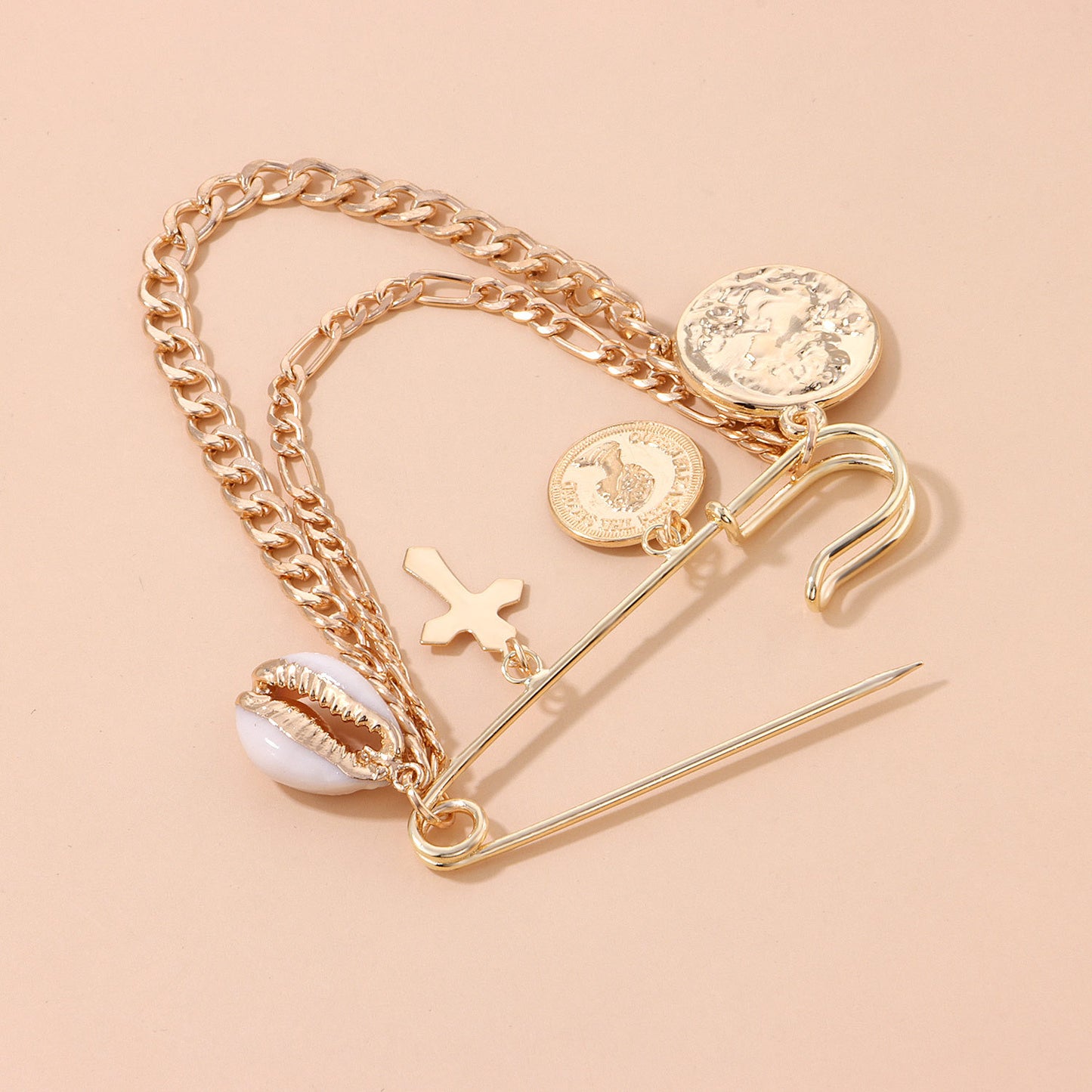 Vintage Alloy Portrait Cartoon Character Brooch with Beach Chain for Women