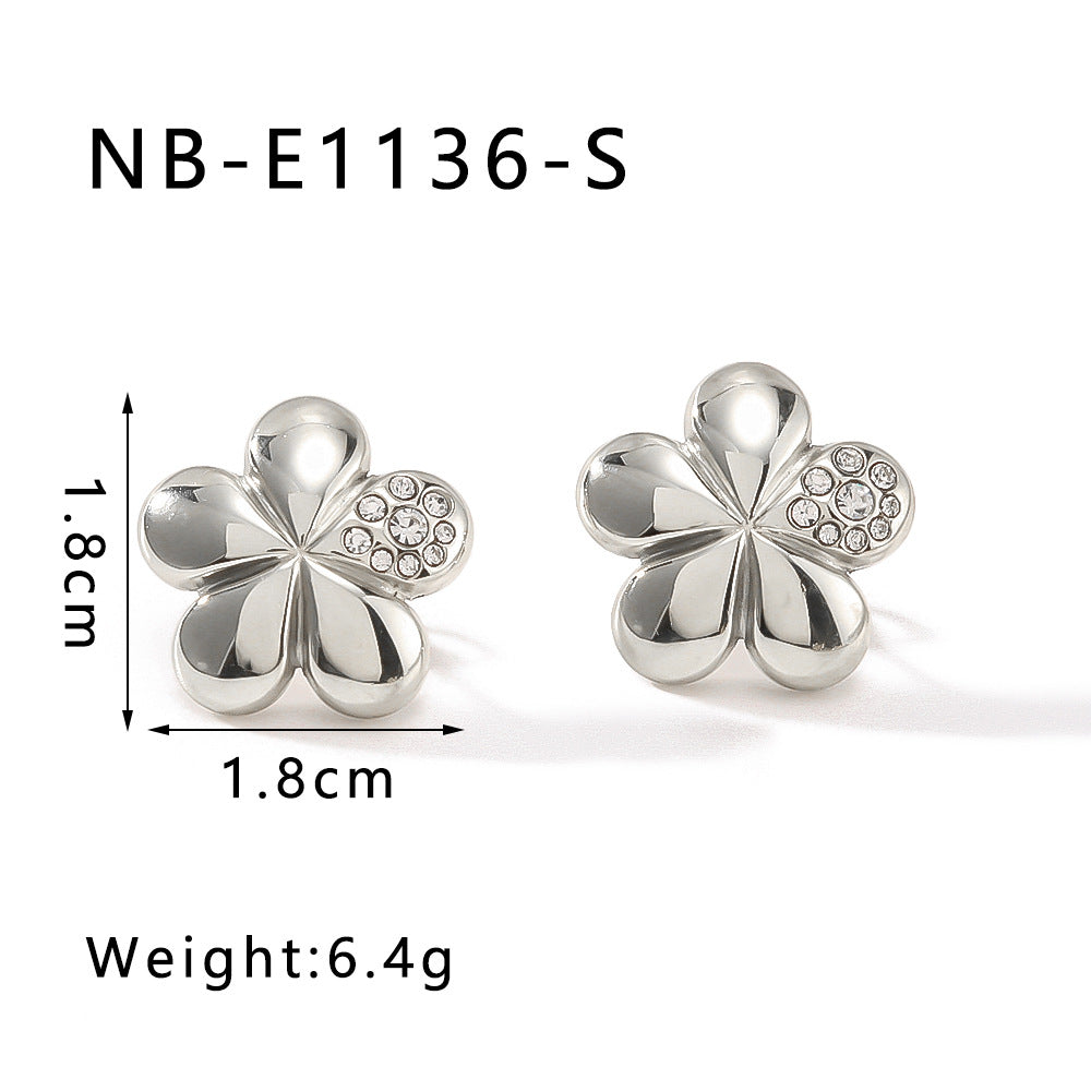 Floral Design Stainless Steel Earrings with Rhinestone Inlay Five-Petal Flower Shape for Women
