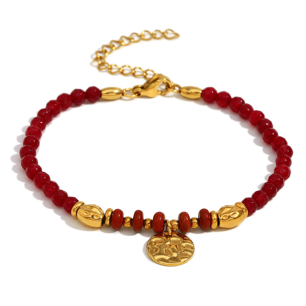 Vintage-Inspired Geometric Stainless Steel 18K Gold Plated Coin Bracelet with Natural Stone for Women