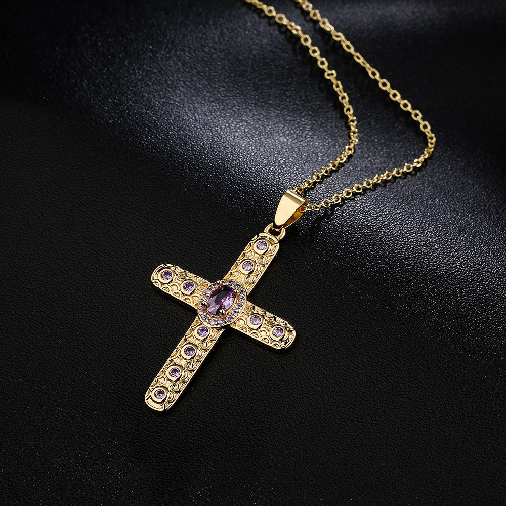 Collana con Pendente a Croce Geometrica Minimalista in Rame con Placcatura in Oro 18K e Intarsi in Zircone