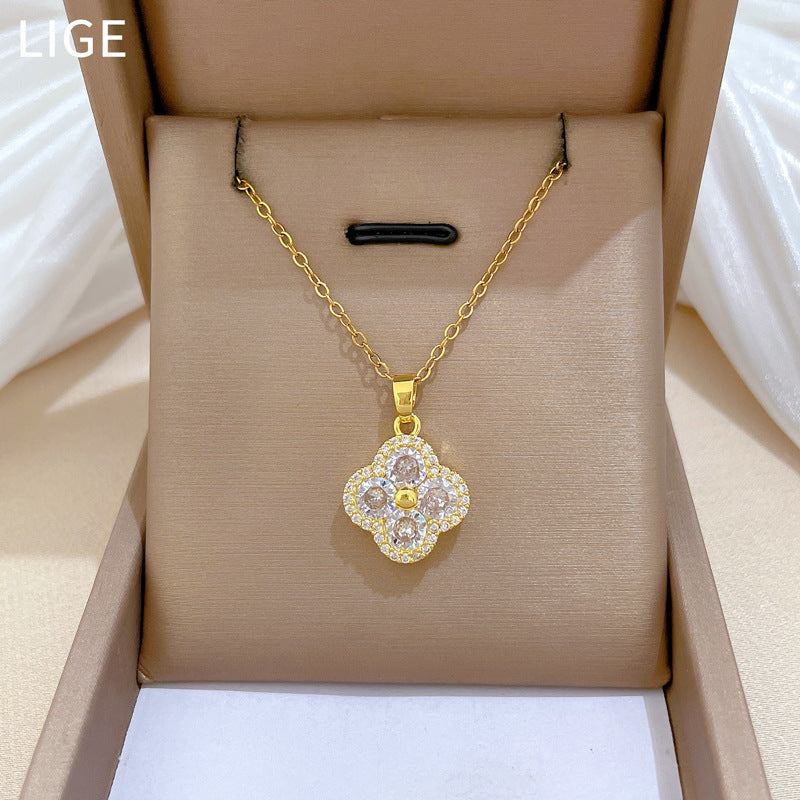 Sweet Geometric Clover Cubic Zirconia Titanium Steel Necklace for Unisex