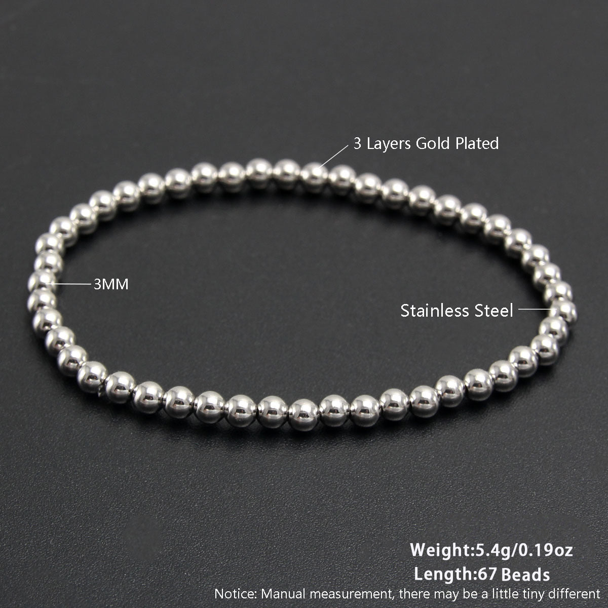 Gold Plated Stainless Steel Ball Chain Bracelet Unisex Elastic Beaded Hand String