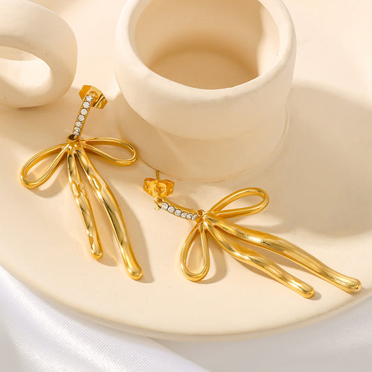 Ins Style Bow Shaped Stainless Steel Pendant Earrings with Zircon Inlay and 18K Gold Plating for Women