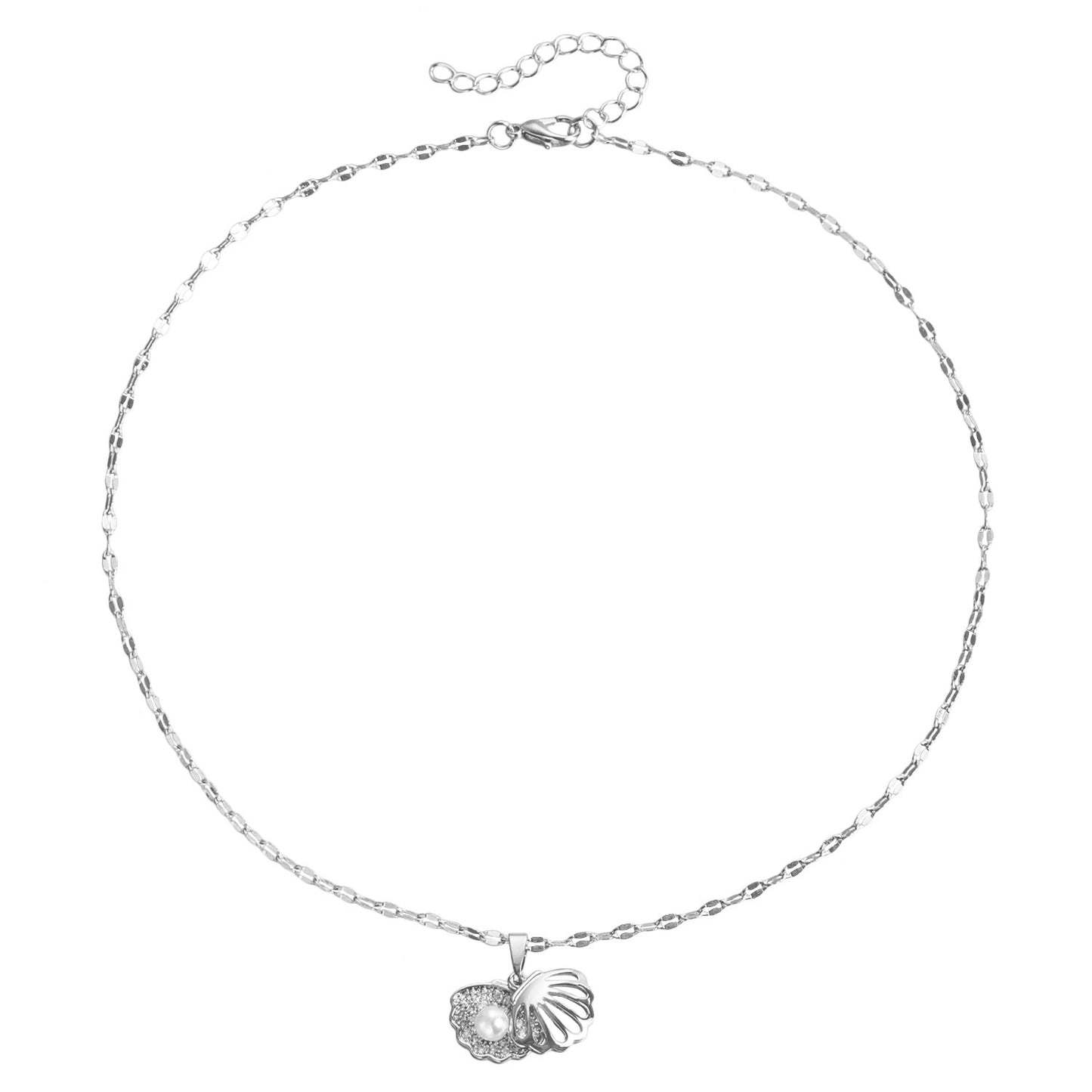 Fashionable Geometric Copper Plated Shell Pendant Necklace for Women with Simulated Pearl Accents and Delicate Collarbone Chain