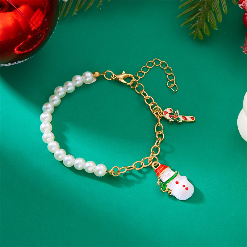 Pulsera de abalorios de Papá Noel de moda para mujer, chapada en aleación con acabado de esmalte, diseño de personaje de dibujos animados, joyería temática navideña