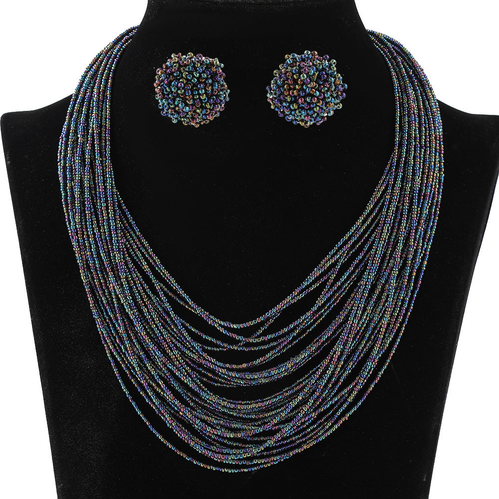 Bohemian Multi-Layer Glass Seed Bead Necklace and Earrings Set for Women with Line Pattern and Ethnic Design
